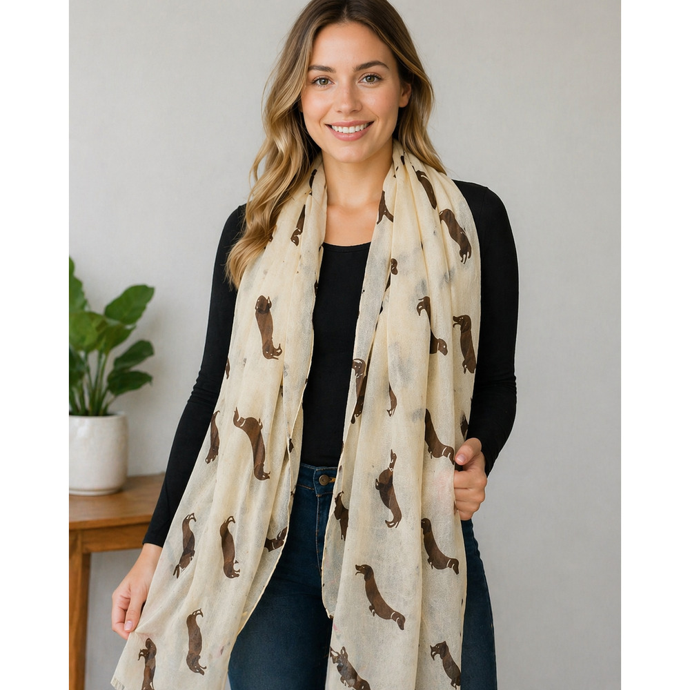 Dachshurd Sausage Weiner Dog Print Beach Shawl Coverup Beige Brown Oversize